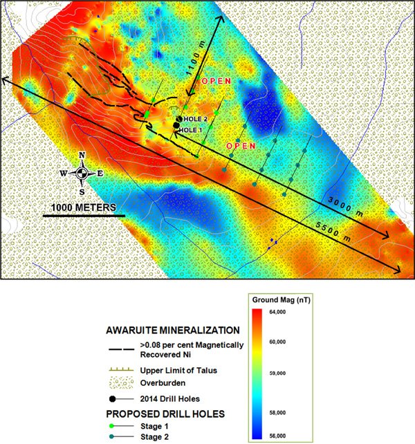 Figure 5. Dimensions of ground magnetic features in Relation to Awaruite Mineralization and Proposed Drill Holes